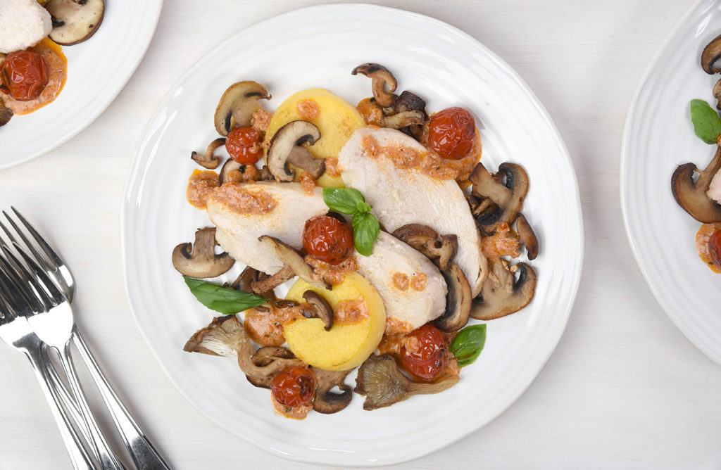 one-skillet turkey, mushrooms and polenta cakes with sun-dried tomato dressing